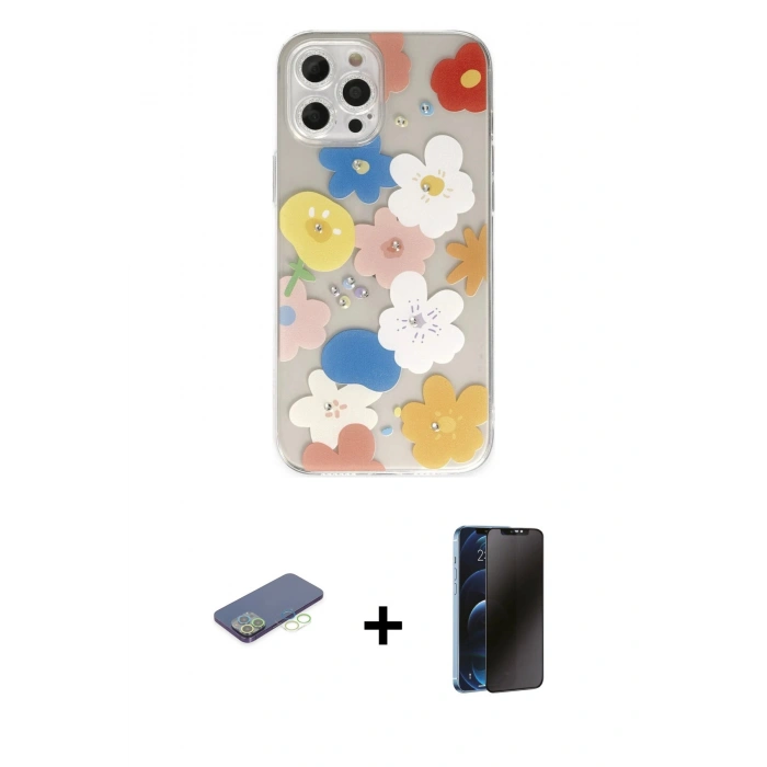 MARSİLYAN™- iPhone 12 Pro Kılıf Eksen Asil Prime - Siyah 3D Antistatik Hayalet Cam Ekran Koruyucu + Renkli Kamera Lens Koruma Cam - YL