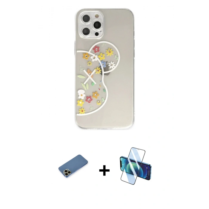 MARSİLYAN™- iPhone 12 Pro Kılıf Eksen Asil Prime - Siyah 3D Antistatik Seramik Nano Ekran Koruyucu + Gold Shine Kamera Lens Koruma Cam