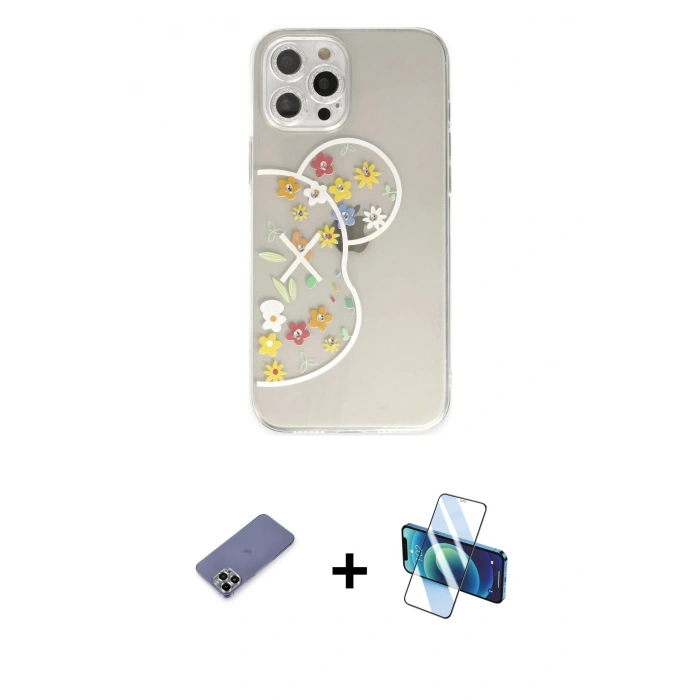 MARSİLYAN™- iPhone 12 Pro Kılıf Eksen Asil Prime - Siyah 3D Antistatik Seramik Nano Ekran Koruyucu + Metal Kamera Lens Koruma Cam - GD