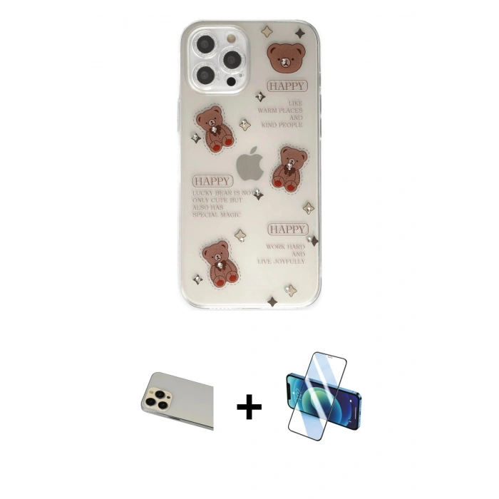 MARSİLYAN™- iPhone 12 Pro Kılıf Eksen Asil Prime - Siyah 3D Antistatik Seramik Nano Ekran Koruyucu + Gold Rainbow Kamera Lens Koruma Cam