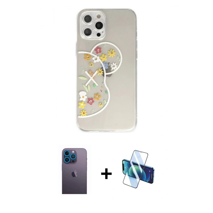 MARSİLYAN™- iPhone 12 Pro Kılıf Eksen Asil Prime - Siyah 3D Antistatik Seramik Nano Ekran Koruyucu + Neon Fosforlu Kamera Lens - MI
