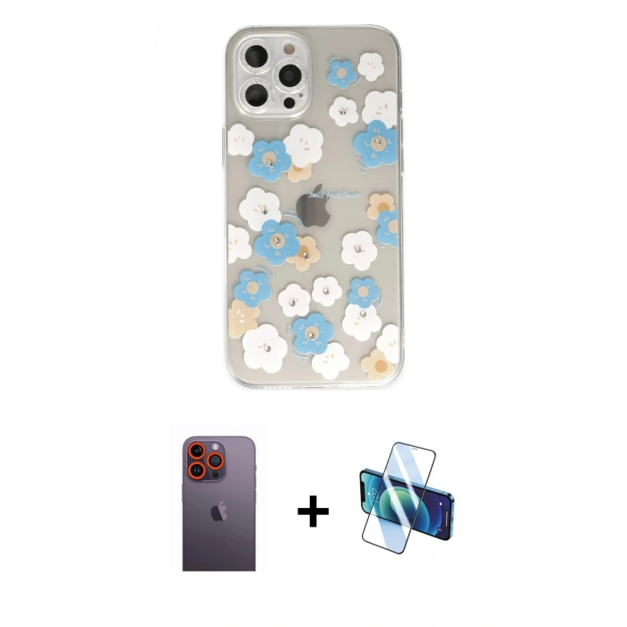 MARSİLYAN™- iPhone 12 Pro Kılıf Eksen Asil Prime - Siyah 3D Antistatik Seramik Nano Ekran Koruyucu + Neon Fosforlu Kamera Lens - TU
