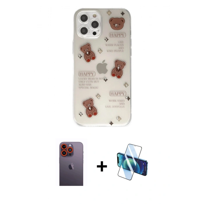 MARSİLYAN™- iPhone 12 Pro Kılıf Eksen Asil Prime - Siyah 3D Antistatik Seramik Nano Ekran Koruyucu + Neon Fosforlu Kamera Lens - TU