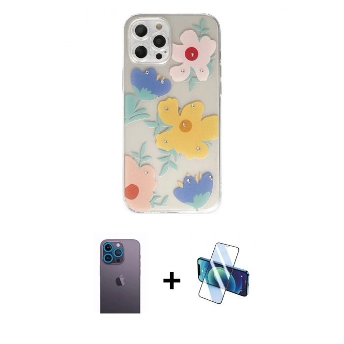 MARSİLYAN™- iPhone 12 Pro Kılıf Eksen Asil Prime - Siyah 3D Antistatik Seramik Nano Ekran Koruyucu + Neon Fosforlu Kamera Lens - MI