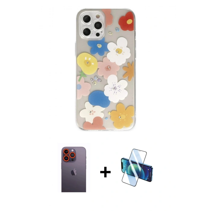 MARSİLYAN™- iPhone 12 Pro Kılıf Eksen Asil Prime - Siyah 3D Antistatik Seramik Nano Ekran Koruyucu + Neon Fosforlu Kamera Lens - TU