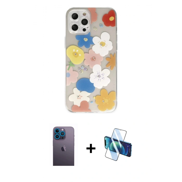 MARSİLYAN™- iPhone 12 Pro Kılıf Eksen Asil Prime - Siyah 3D Antistatik Seramik Nano Ekran Koruyucu + Neon Fosforlu Kamera Lens - MI