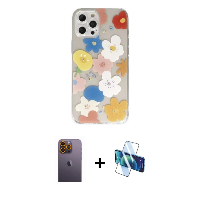 MARSİLYAN™- iPhone 12 Pro Kılıf Eksen Asil Prime - Siyah 3D Antistatik Seramik Nano Ekran Koruyucu + Neon Fosforlu Kamera Lens - SI