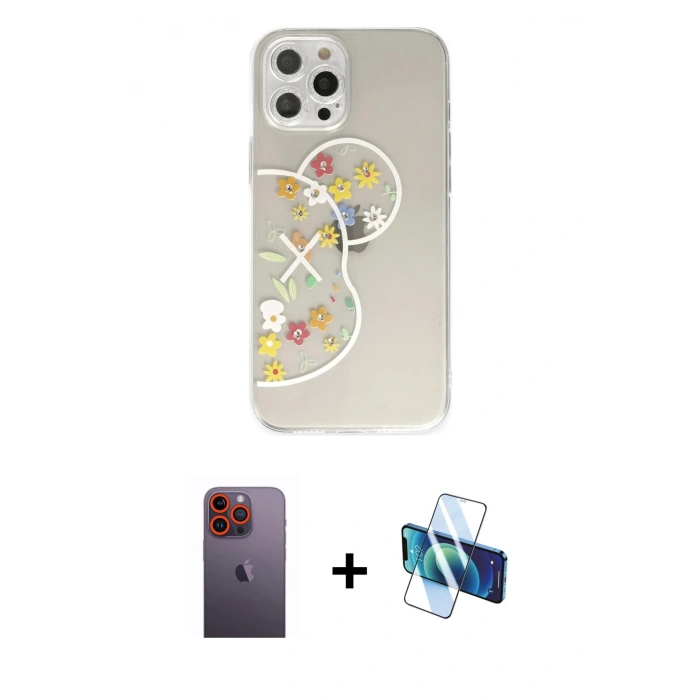 MARSİLYAN™- iPhone 12 Pro Kılıf Eksen Asil Prime - Siyah 3D Antistatik Seramik Nano Ekran Koruyucu + Neon Fosforlu Kamera Lens - TU