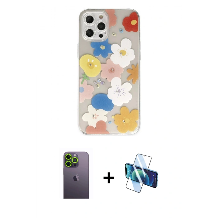 MARSİLYAN™- iPhone 12 Pro Kılıf Eksen Asil Prime - Siyah 3D Antistatik Seramik Nano Ekran Koruyucu + Neon Fosforlu Kamera Lens - YL