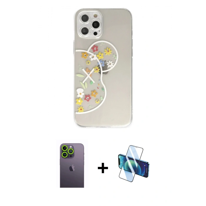 MARSİLYAN™- iPhone 12 Pro Kılıf Eksen Asil Prime - Siyah 3D Antistatik Seramik Nano Ekran Koruyucu + Neon Fosforlu Kamera Lens - YL