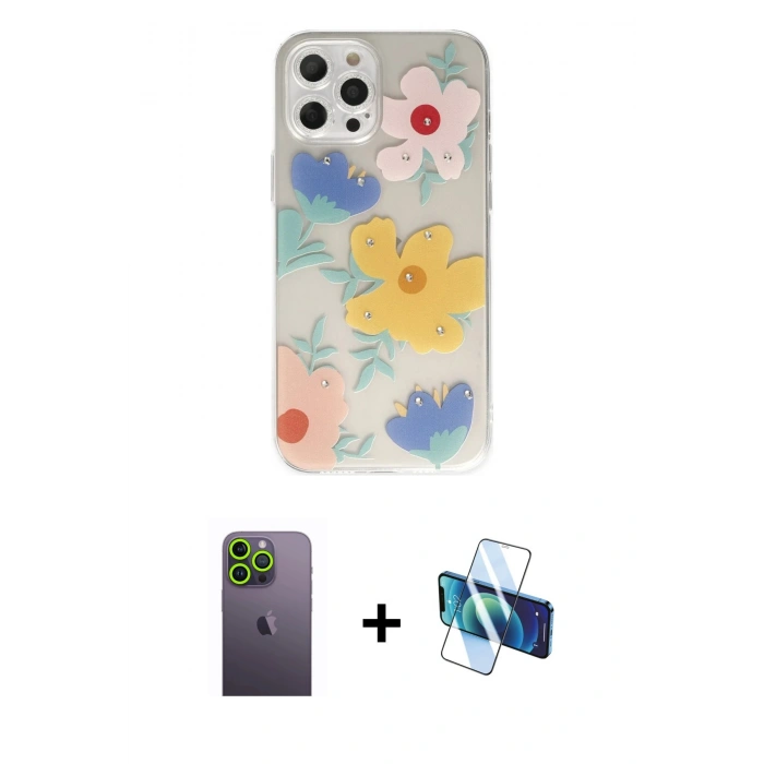 MARSİLYAN™- iPhone 12 Pro Kılıf Eksen Asil Prime - Siyah 3D Antistatik Seramik Nano Ekran Koruyucu + Neon Fosforlu Kamera Lens - YL