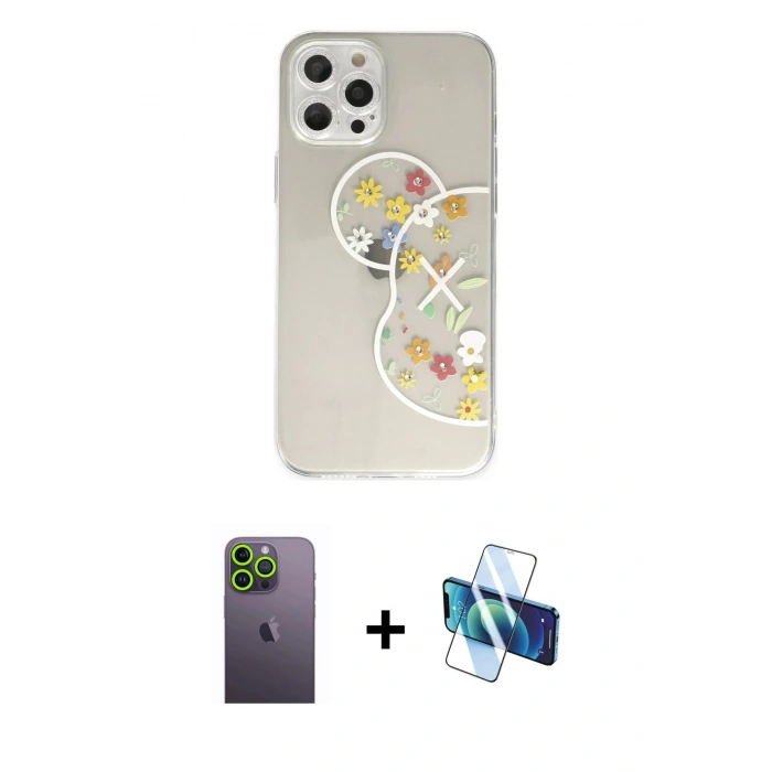 MARSİLYAN™- iPhone 12 Pro Kılıf Eksen Asil Prime - Siyah 3D Antistatik Seramik Nano Ekran Koruyucu + Neon Fosforlu Kamera Lens - YL
