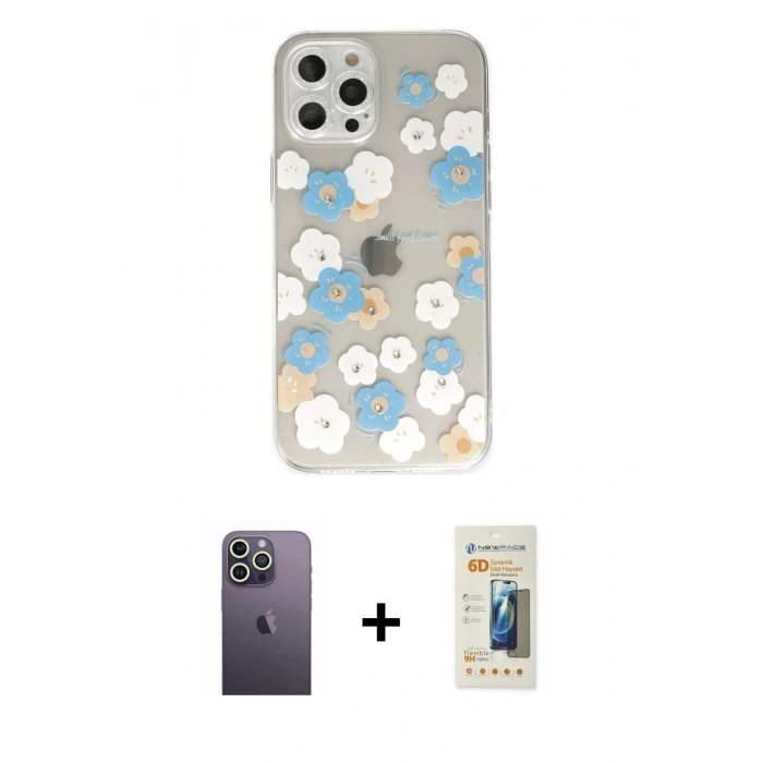 MARSİLYAN™- iPhone 12 Pro Kılıf Eksen Asil Prime - Siyah 6D Mat Seramik Hayalet Nano Ekran Koruyucu + Neon Fosforlu Kamera Lens - BZ