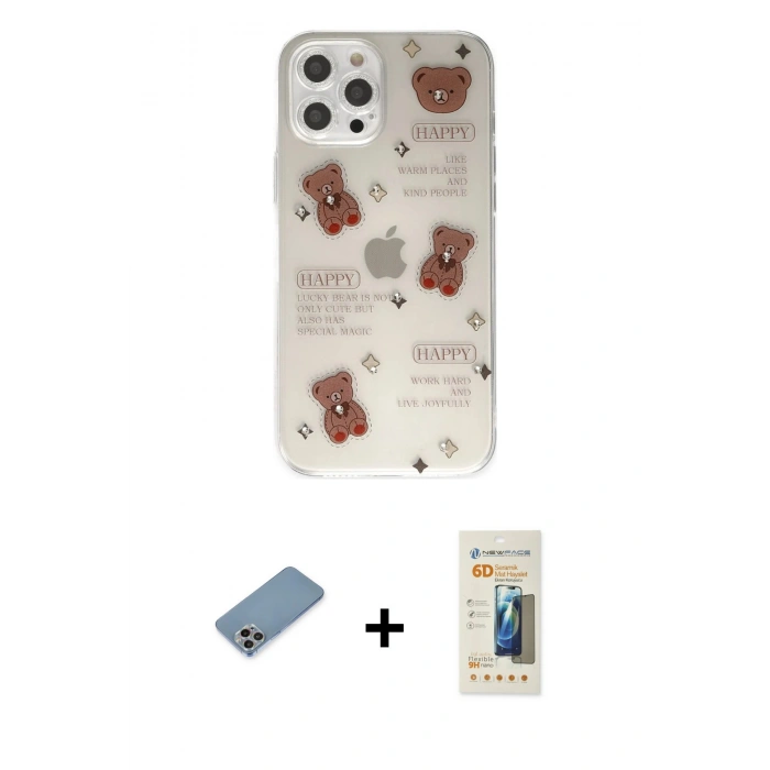MARSİLYAN™- iPhone 12 Pro Kılıf Eksen Asil Prime - Siyah 6D Mat Seramik Hayalet Nano Ekran Koruyucu + Gökkuşağı Shine Kamera Lens Koruma Cam