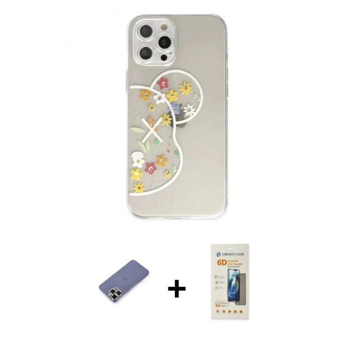 MARSİLYAN™- iPhone 12 Pro Kılıf Eksen Asil Prime - Siyah 6D Mat Seramik Hayalet Nano Ekran Koruyucu + Metal Kamera Lens Koruma Cam - GD