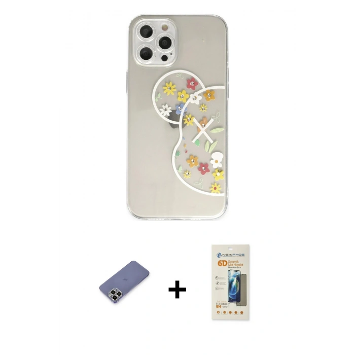 MARSİLYAN™- iPhone 12 Pro Kılıf Eksen Asil Prime - Siyah 6D Mat Seramik Hayalet Nano Ekran Koruyucu + Metal Kamera Lens Koruma Cam - GD