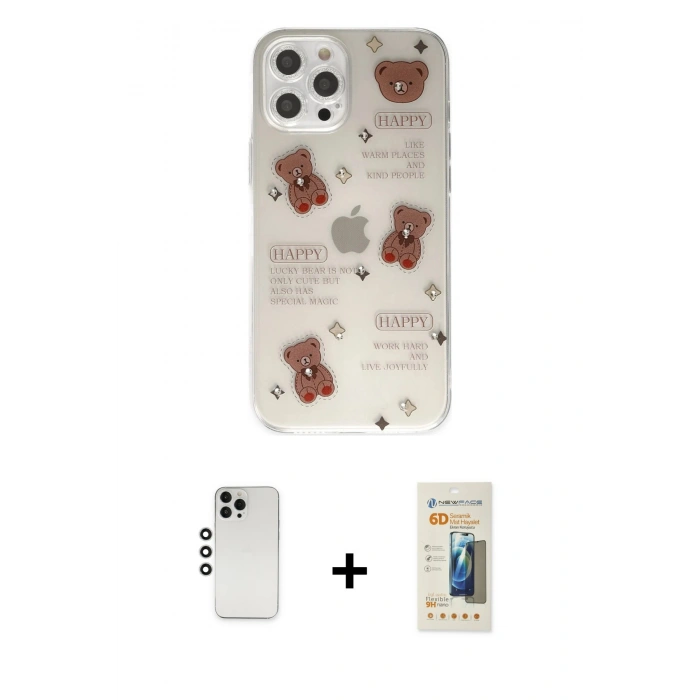 MARSİLYAN™- iPhone 12 Pro Kılıf Eksen Asil Prime - Siyah 6D Mat Seramik Hayalet Nano Ekran Koruyucu + Shine Kamera Lens - GS
