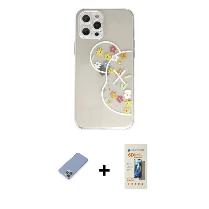 MARSİLYAN™- iPhone 12 Pro Kılıf Eksen Asil Prime - Siyah 6D Mat Seramik Hayalet Nano Ekran Koruyucu + Metal Kamera Lens Koruma Cam - KUYL