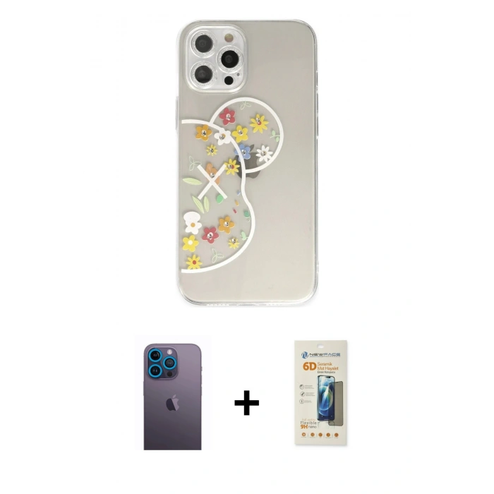 MARSİLYAN™- iPhone 12 Pro Kılıf Eksen Asil Prime - Siyah 6D Mat Seramik Hayalet Nano Ekran Koruyucu + Neon Fosforlu Kamera Lens - MI