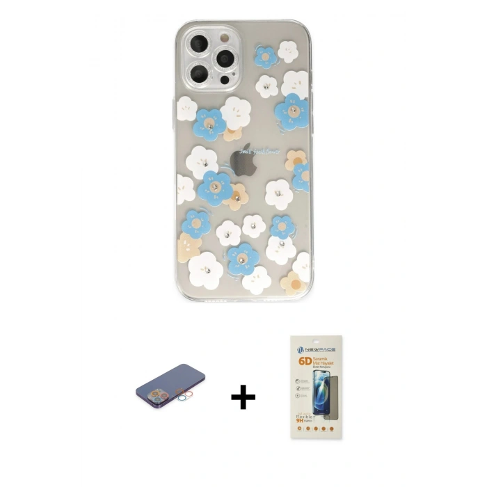 MARSİLYAN™- iPhone 12 Pro Kılıf Eksen Asil Prime - Siyah 6D Mat Seramik Hayalet Nano Ekran Koruyucu + Pembe Renkli Kamera Lens Koruma Cam