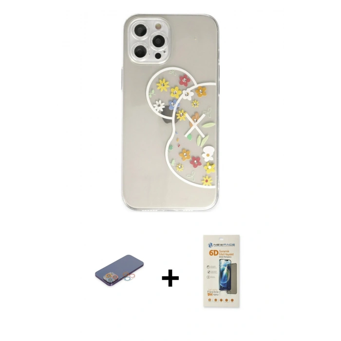 MARSİLYAN™- iPhone 12 Pro Kılıf Eksen Asil Prime - Siyah 6D Mat Seramik Hayalet Nano Ekran Koruyucu + Pembe Renkli Kamera Lens Koruma Cam