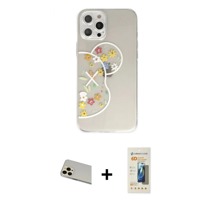 MARSİLYAN™- iPhone 12 Pro Kılıf Eksen Asil Prime - Siyah 6D Mat Seramik Hayalet Nano Ekran Koruyucu + Rainbow Kamera Lens Koruma Cam - GD
