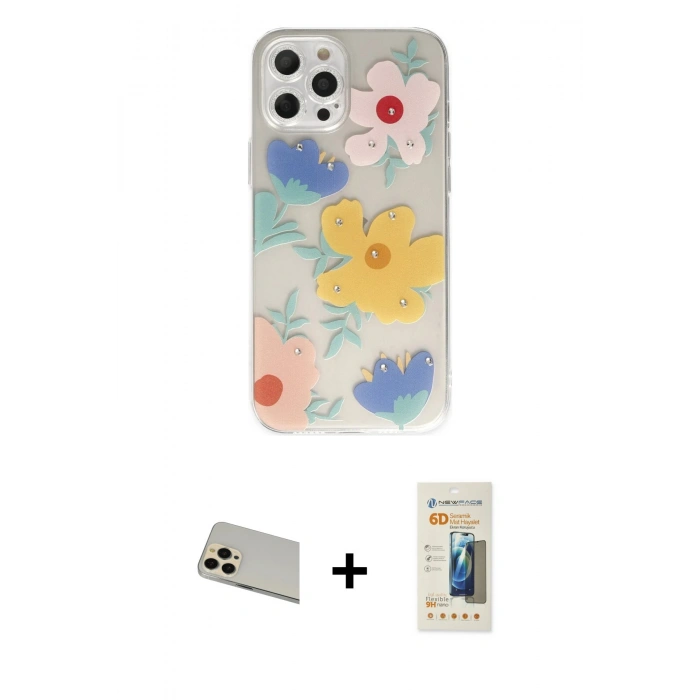 MARSİLYAN™- iPhone 12 Pro Kılıf Eksen Asil Prime - Siyah 6D Mat Seramik Hayalet Nano Ekran Koruyucu + Rainbow Kamera Lens Koruma Cam - GD