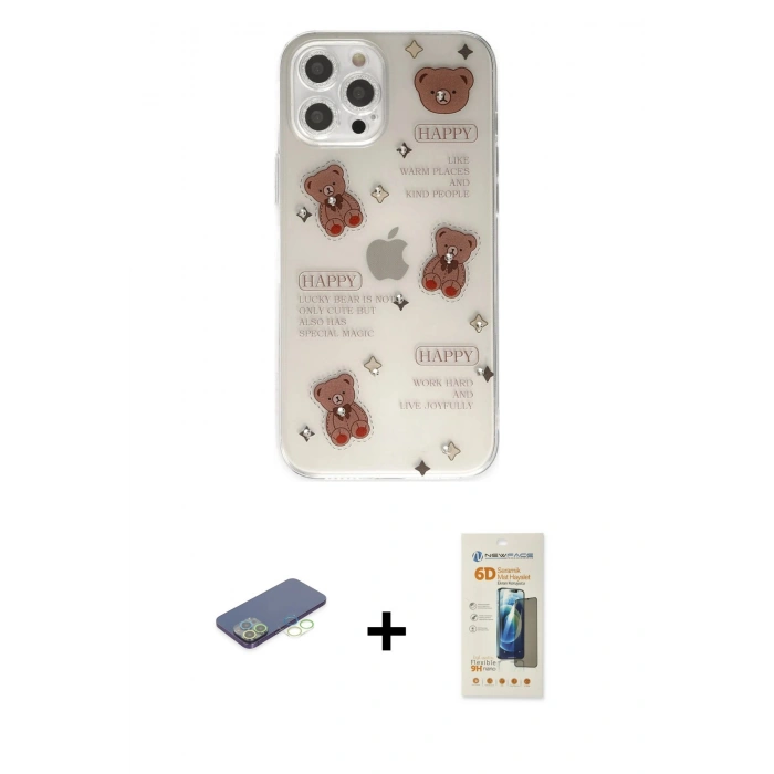 MARSİLYAN™- iPhone 12 Pro Kılıf Eksen Asil Prime - Siyah 6D Mat Seramik Hayalet Nano Ekran Koruyucu + Renkli Kamera Lens Koruma Cam - YL
