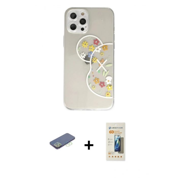 MARSİLYAN™- iPhone 12 Pro Kılıf Eksen Asil Prime - Siyah 6D Mat Seramik Hayalet Nano Ekran Koruyucu + Renkli Kamera Lens Koruma Cam - YL