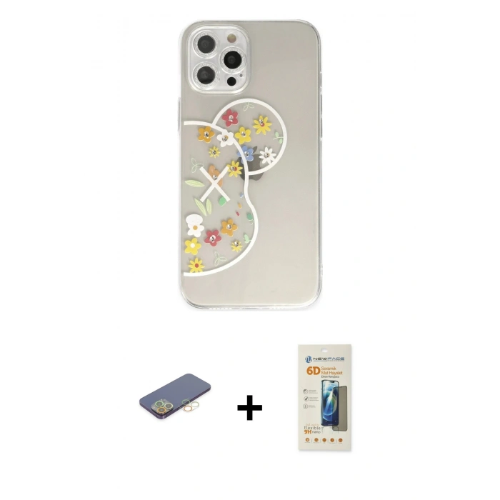 MARSİLYAN™- iPhone 12 Pro Kılıf Eksen Asil Prime - Siyah 6D Mat Seramik Hayalet Nano Ekran Koruyucu + Renkli Kamera Lens Koruma Cam - SI
