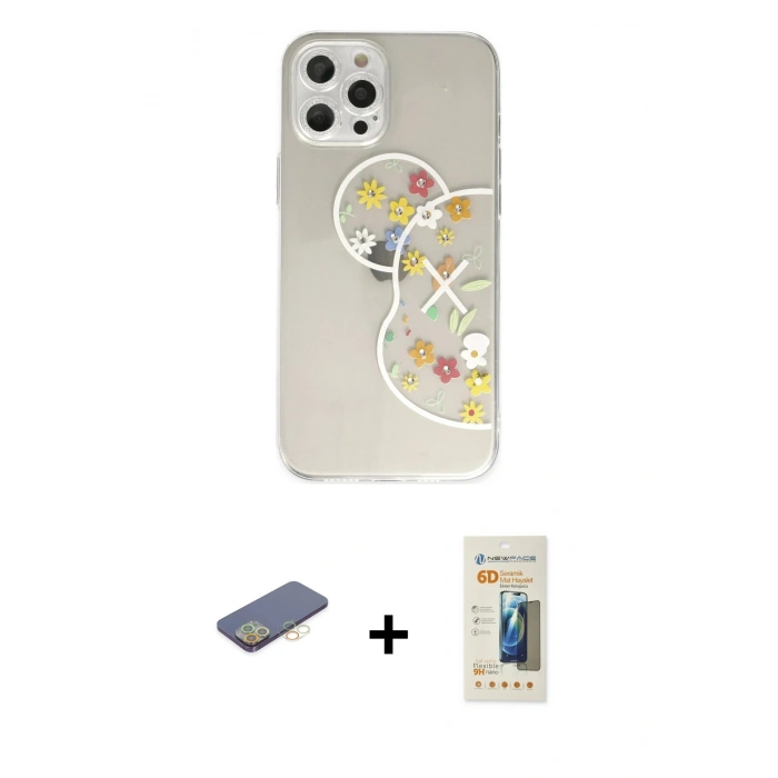 MARSİLYAN™- iPhone 12 Pro Kılıf Eksen Asil Prime - Siyah 6D Mat Seramik Hayalet Nano Ekran Koruyucu + Renkli Kamera Lens Koruma Cam - SI