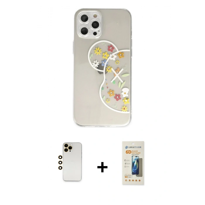MARSİLYAN™- iPhone 12 Pro Kılıf Eksen Asil Prime - Siyah 6D Mat Seramik Hayalet Nano Ekran Koruyucu + Shine Kamera Lens - GD