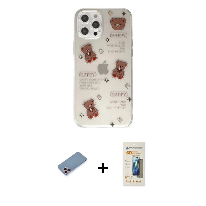 MARSİLYAN™- iPhone 12 Pro Kılıf Eksen Asil Prime - Siyah 6D Mat Seramik Hayalet Nano Ekran Koruyucu + Shine Kamera Lens Koruma Cam - PE