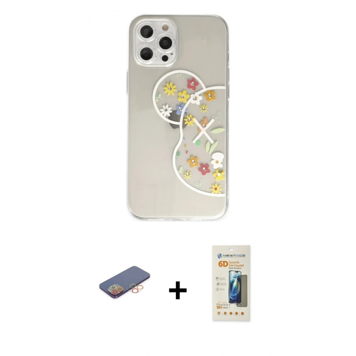 MARSİLYAN™- iPhone 12 Pro Kılıf Eksen Asil Prime - Siyah 6D Mat Seramik Hayalet Nano Ekran Koruyucu + Renkli Kamera Lens Koruma Cam - TU
