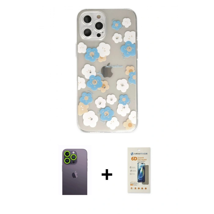 MARSİLYAN™- iPhone 12 Pro Kılıf Eksen Asil Prime - Siyah 6D Mat Seramik Hayalet Nano Ekran Koruyucu + Yeşil Neon Fosforlu Kamera Lens