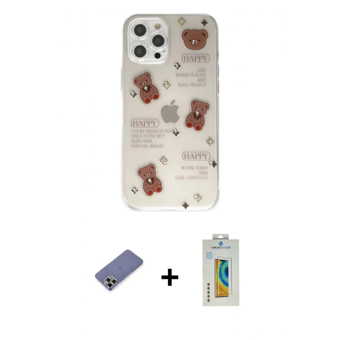 MARSİLYAN™- iPhone 12 Pro Kılıf Eksen Asil Prime - Siyah Polymer Nano Ekran Koruyucu + Metal Kamera Lens Koruma Cam - GD