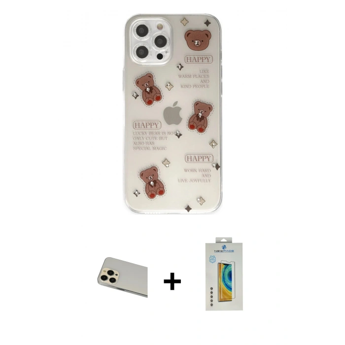 MARSİLYAN™- iPhone 12 Pro Kılıf Eksen Asil Prime - Siyah Polymer Nano Ekran Koruyucu + Rainbow Kamera Lens Koruma Cam - GD