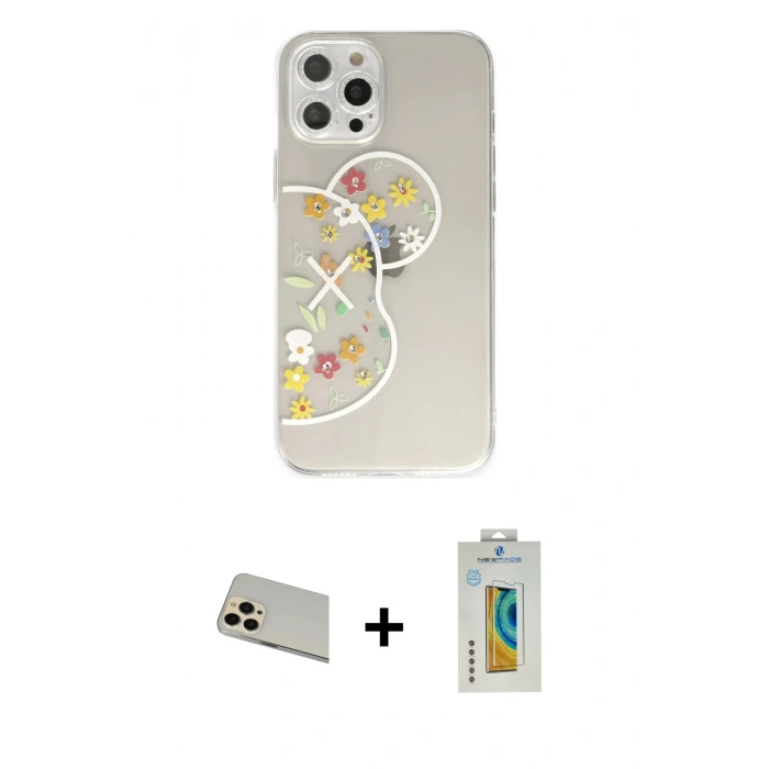 MARSİLYAN™- iPhone 12 Pro Kılıf Eksen Asil Prime - Siyah Polymer Nano Ekran Koruyucu + Rainbow Kamera Lens Koruma Cam - GD