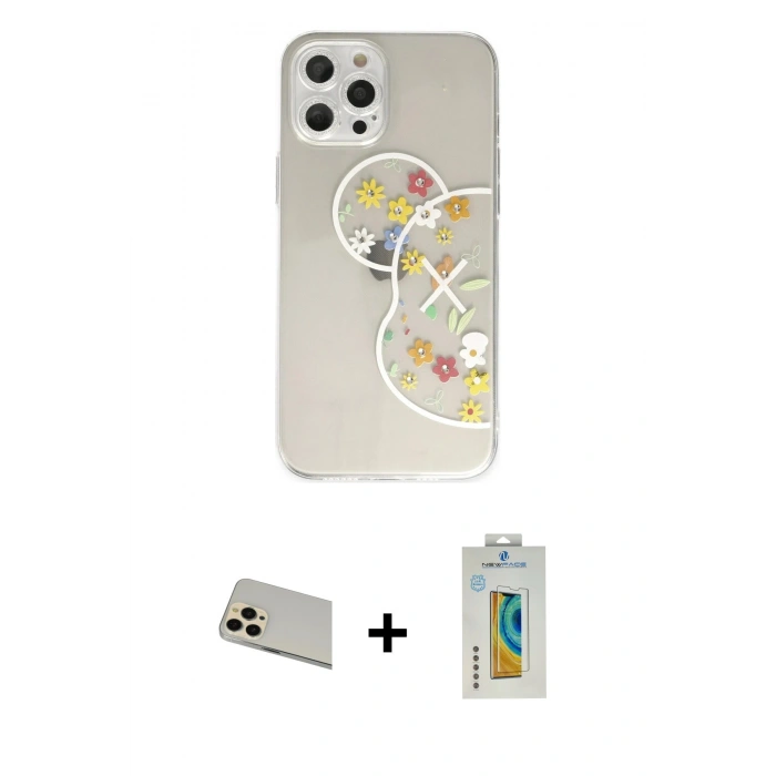 MARSİLYAN™- iPhone 12 Pro Kılıf Eksen Asil Prime - Siyah Polymer Nano Ekran Koruyucu + Rainbow Kamera Lens Koruma Cam - GD