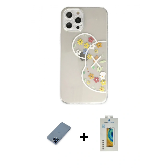 MARSİLYAN™- iPhone 12 Pro Kılıf Eksen Asil Prime - Siyah Polymer Nano Ekran Koruyucu + Mavi Metal Kamera Lens Koruma Cam