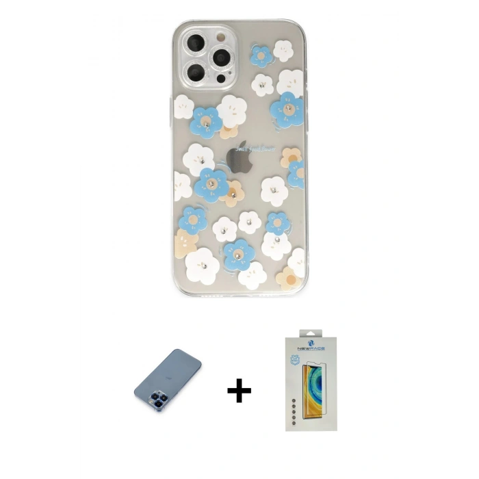 MARSİLYAN™- iPhone 12 Pro Kılıf Eksen Asil Prime - Siyah Polymer Nano Ekran Koruyucu + Mavi Metal Kamera Lens Koruma Cam