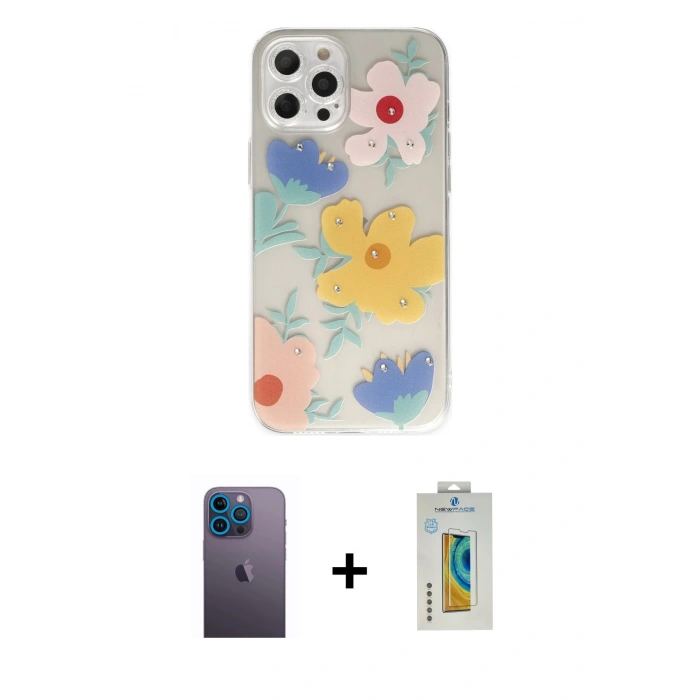 MARSİLYAN™- iPhone 12 Pro Kılıf Eksen Asil Prime - Siyah Polymer Nano Ekran Koruyucu + Neon Fosforlu Kamera Lens - MI