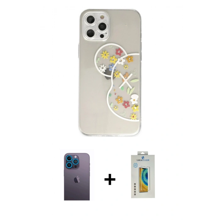 MARSİLYAN™- iPhone 12 Pro Kılıf Eksen Asil Prime - Siyah Polymer Nano Ekran Koruyucu + Neon Fosforlu Kamera Lens - MI