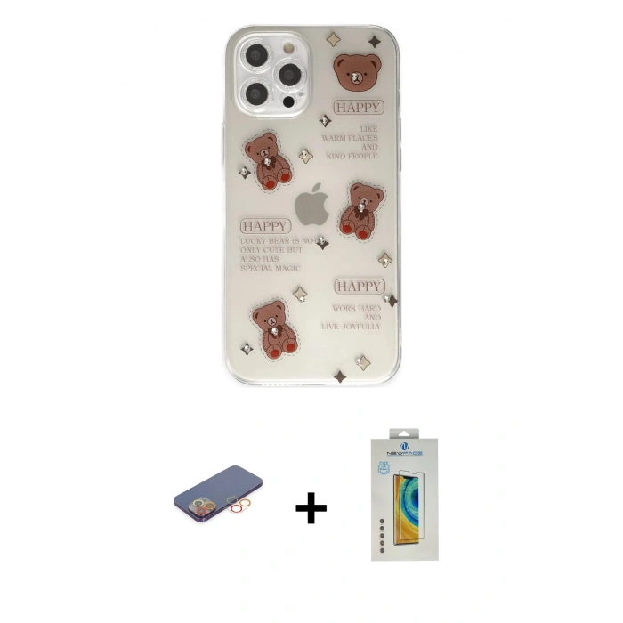 MARSİLYAN™- iPhone 12 Pro Kılıf Eksen Asil Prime - Siyah Polymer Nano Ekran Koruyucu + Renkli Kamera Lens Koruma Cam - TU