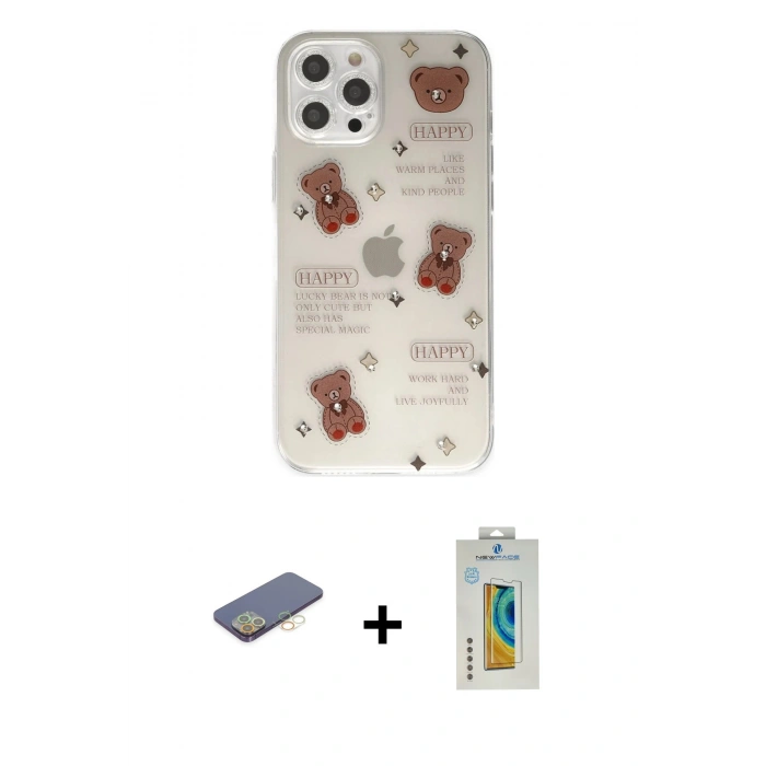 MARSİLYAN™- iPhone 12 Pro Kılıf Eksen Asil Prime - Siyah Polymer Nano Ekran Koruyucu + Renkli Kamera Lens Koruma Cam - SI