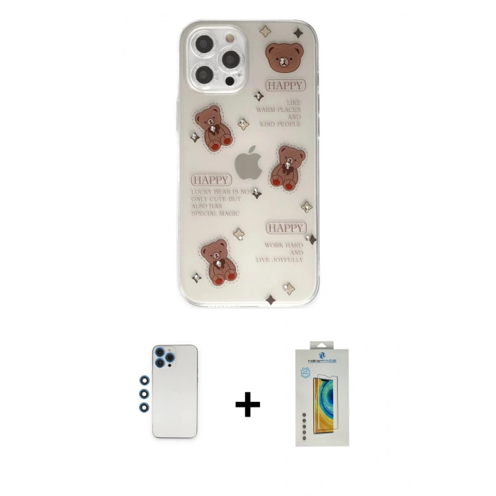 MARSİLYAN™- iPhone 12 Pro Kılıf Eksen Asil Prime - Siyah Polymer Nano Ekran Koruyucu + Shine Kamera Lens - MI