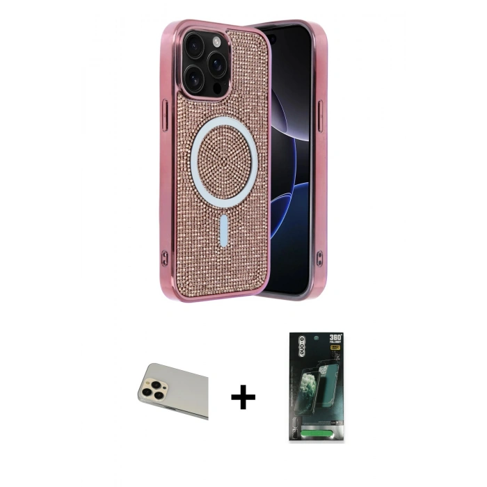 MARSİLYAN™- iPhone 12 Pro Kılıf Eksen Çizgi - Şeffaf 360 Full Body Arka Koruyucu + Gold Rainbow Kamera Lens Koruma Cam