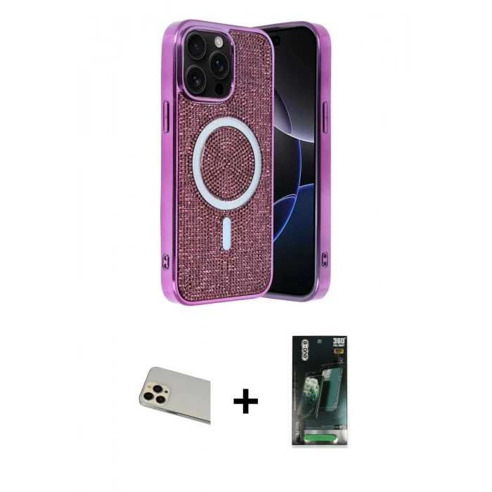 MARSİLYAN™- iPhone 12 Pro Kılıf Eksen Çizgi - Şeffaf 360 Full Body Arka Koruyucu + Gold Rainbow Kamera Lens Koruma Cam