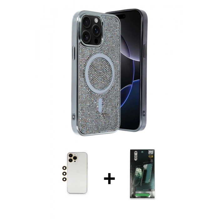 MARSİLYAN™- iPhone 12 Pro Kılıf Eksen Çizgi - Şeffaf 360 Full Body Arka Koruyucu + Shine Kamera Lens - GD