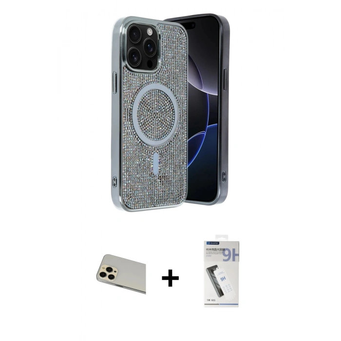 MARSİLYAN™- iPhone 12 Pro Kılıf Eksen Çizgi - Şeffaf Uv Polymer Nano Ekran Koruyucu + Rainbow Kamera Lens Koruma Cam - GD